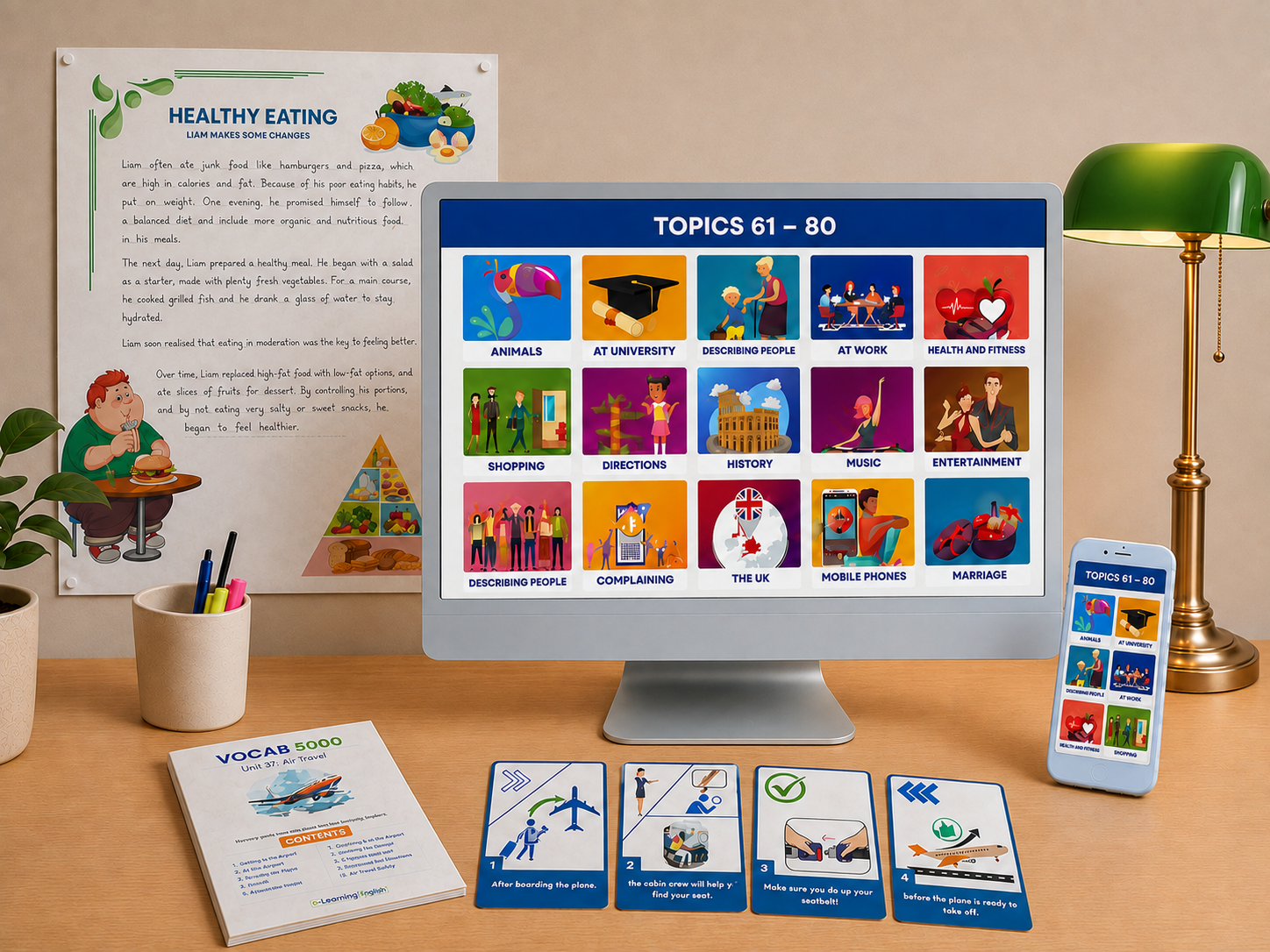 VOCAB 5000 materials on a desk: the online topic library on a monitor and phone, a printed Unit 37 resource pack and speaking cards